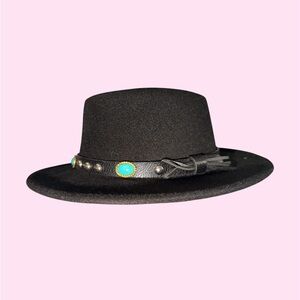 Black Wide-Brim Fedora Hat with Turquoise Accent